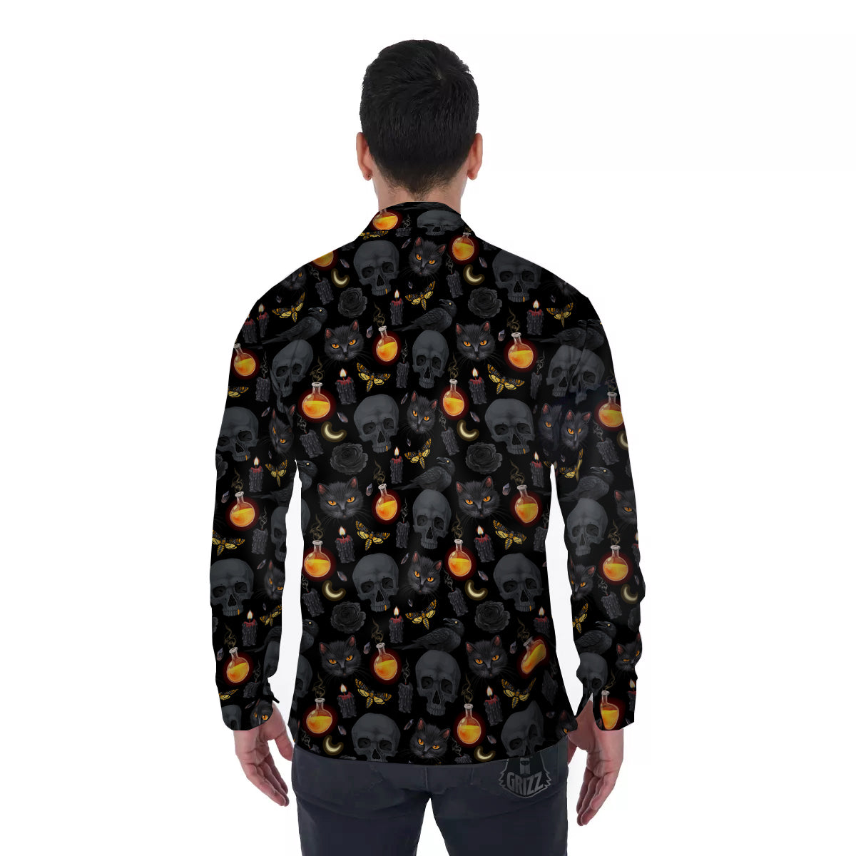 Black Head Cat Raven And Skull Print Pattern Men's Long Sleeve Shirts-grizzshop