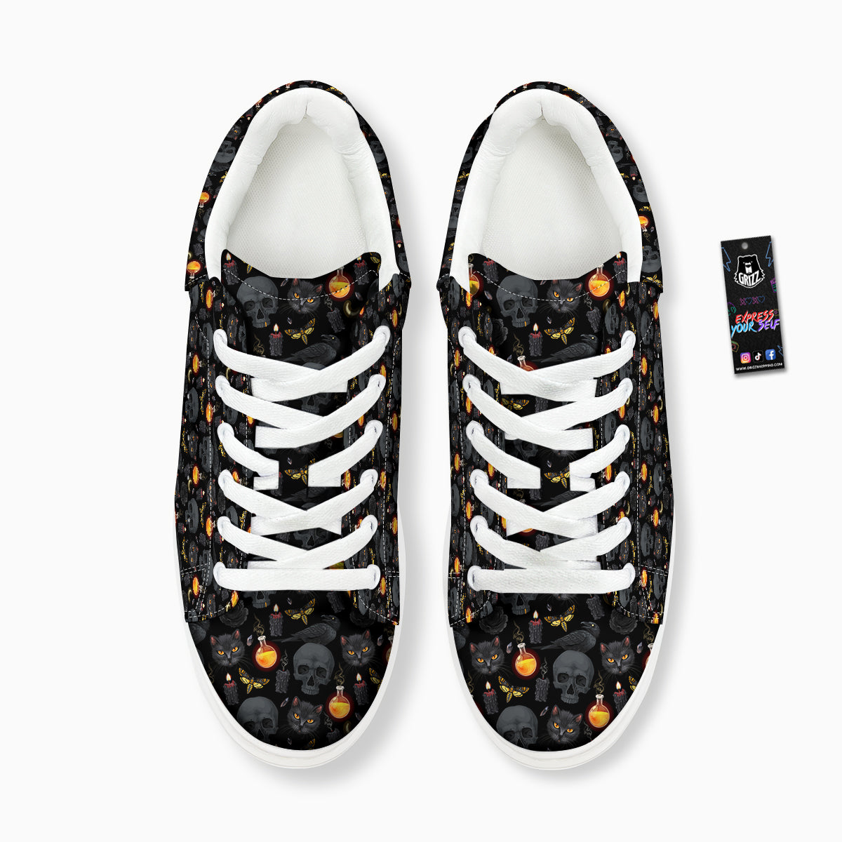 Black Head Cat Raven And Skull Print Pattern Platform Shoes-grizzshop