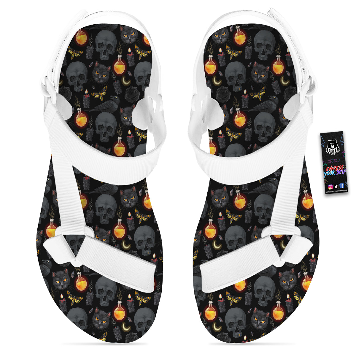 Black Head Cat Raven And Skull Print Pattern White Open Toe Sandals-grizzshop