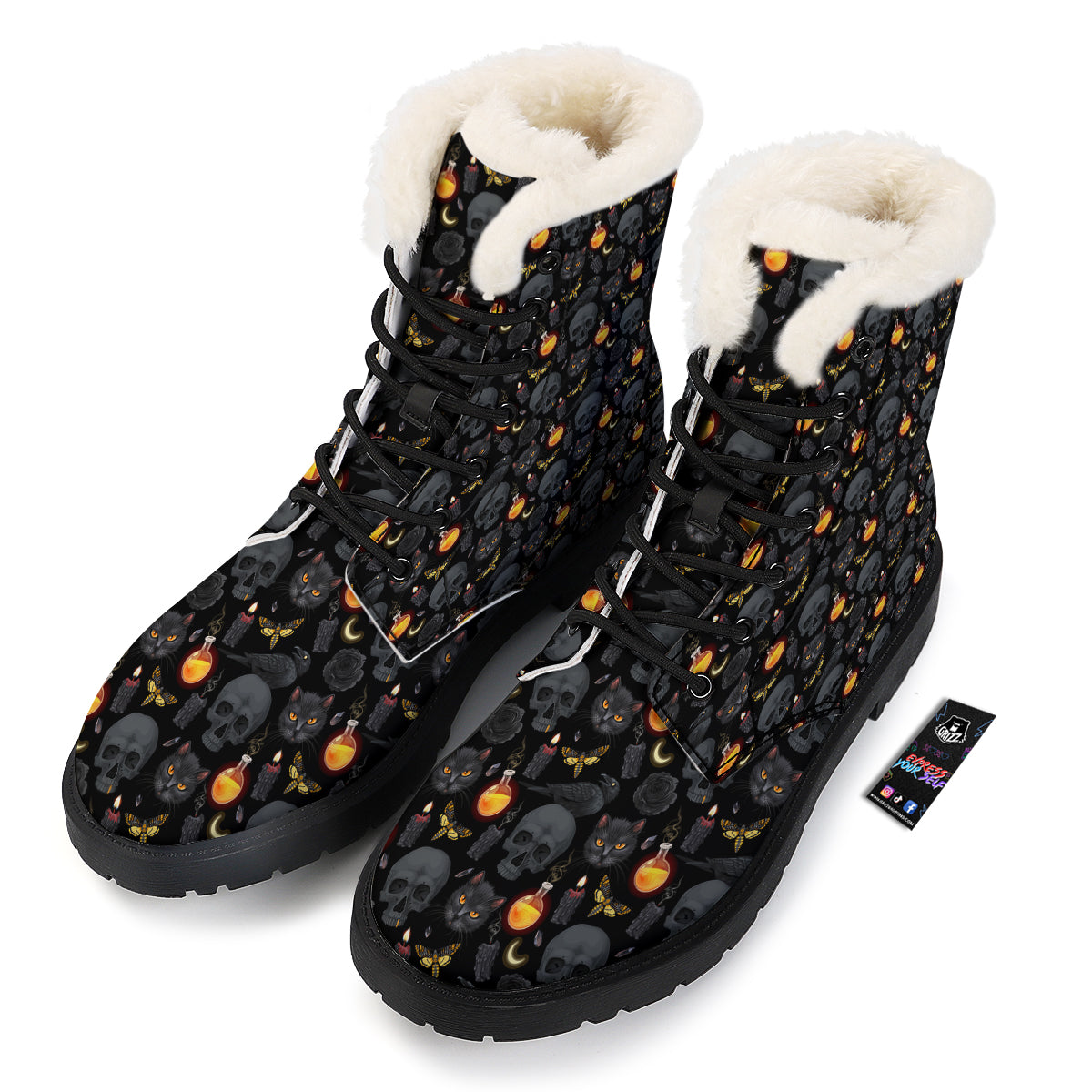 Black Head Cat Raven And Skull Print Pattern Winter Boots-grizzshop