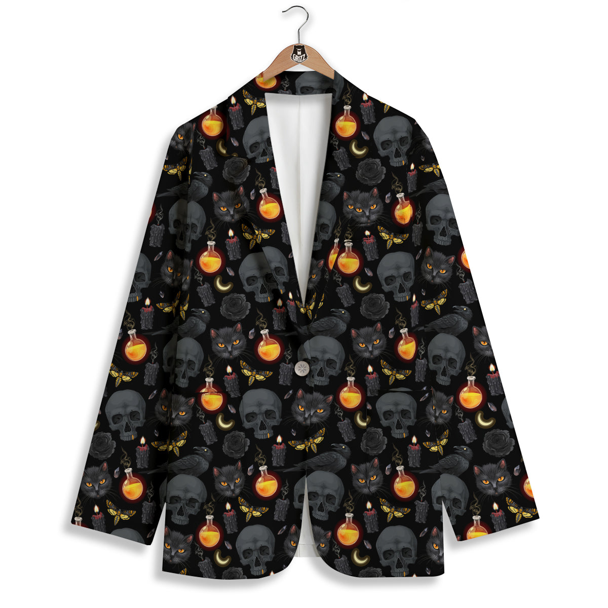 Black Head Cat Raven And Skull Print Pattern Women's Blazer-grizzshop