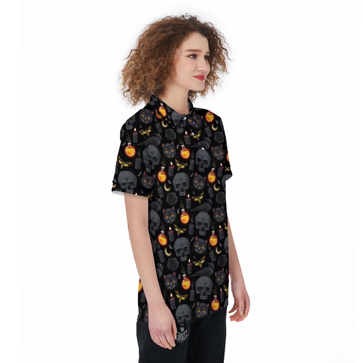 Black Head Cat Raven And Skull Print Pattern Women's Golf Shirts-grizzshop