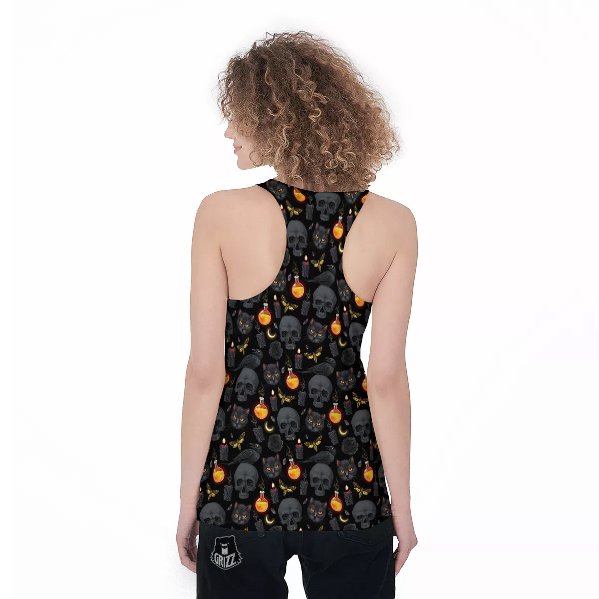 Black Head Cat Raven And Skull Print Pattern Women's Racerback Tank Top-grizzshop