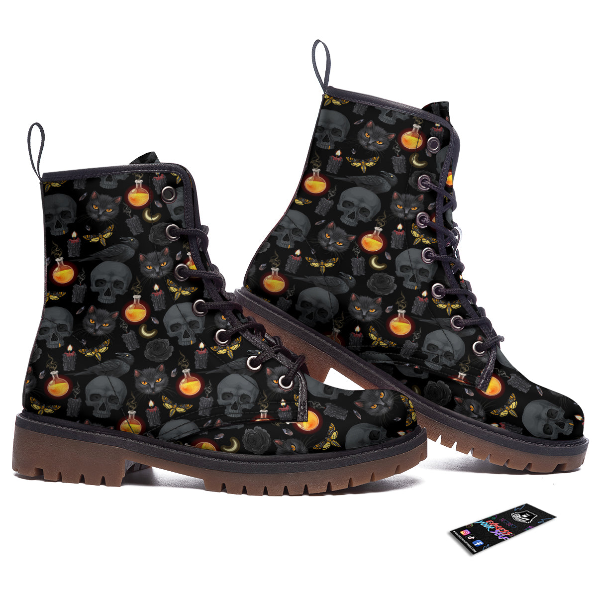 Black Head Cat Raven And Skull Print Pattern Work Boots-grizzshop