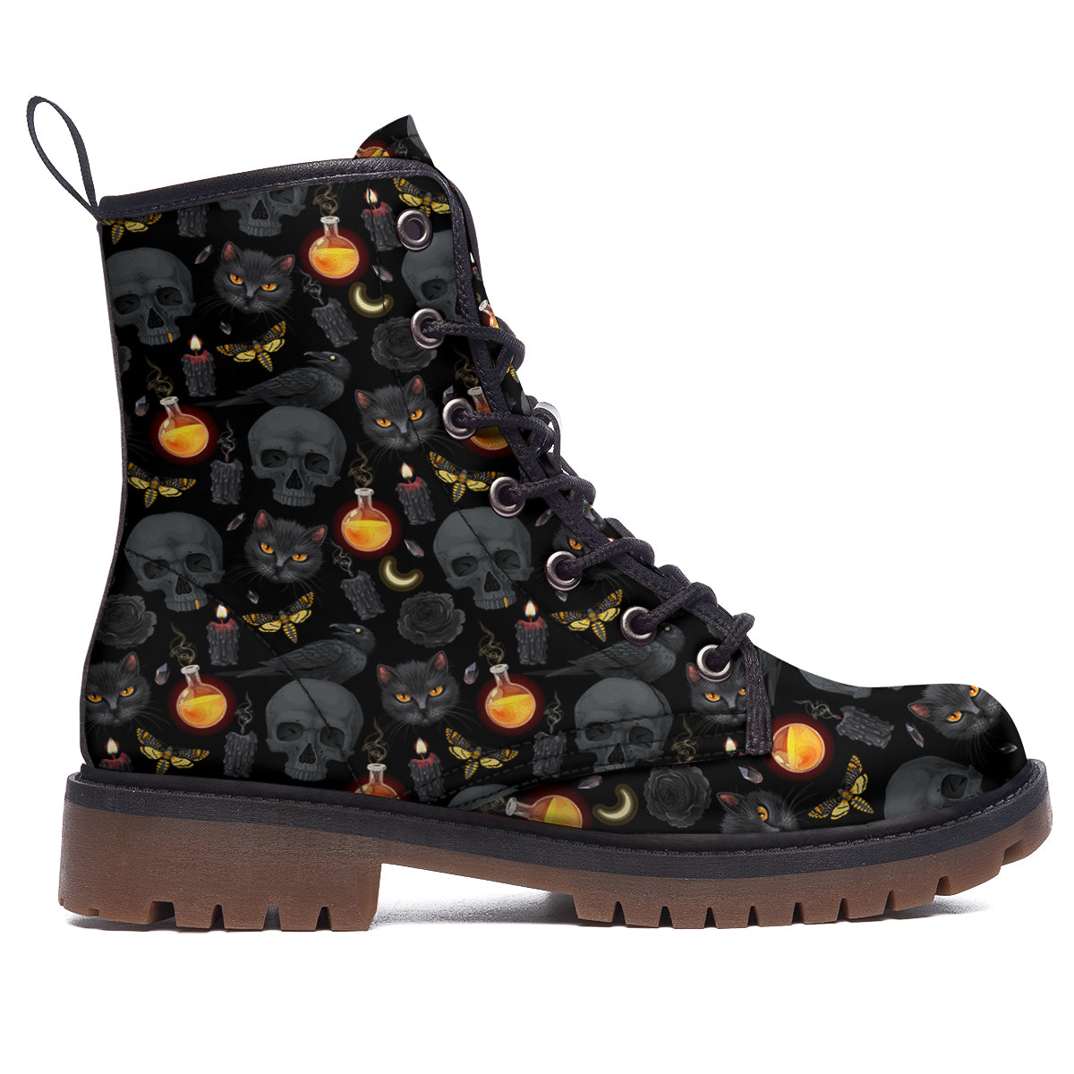 Black Head Cat Raven And Skull Print Pattern Work Boots-grizzshop