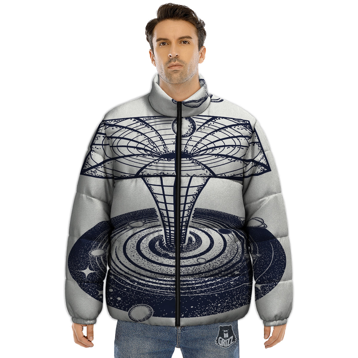 Black Hole Tattoo Print Puffer Jacket-grizzshop