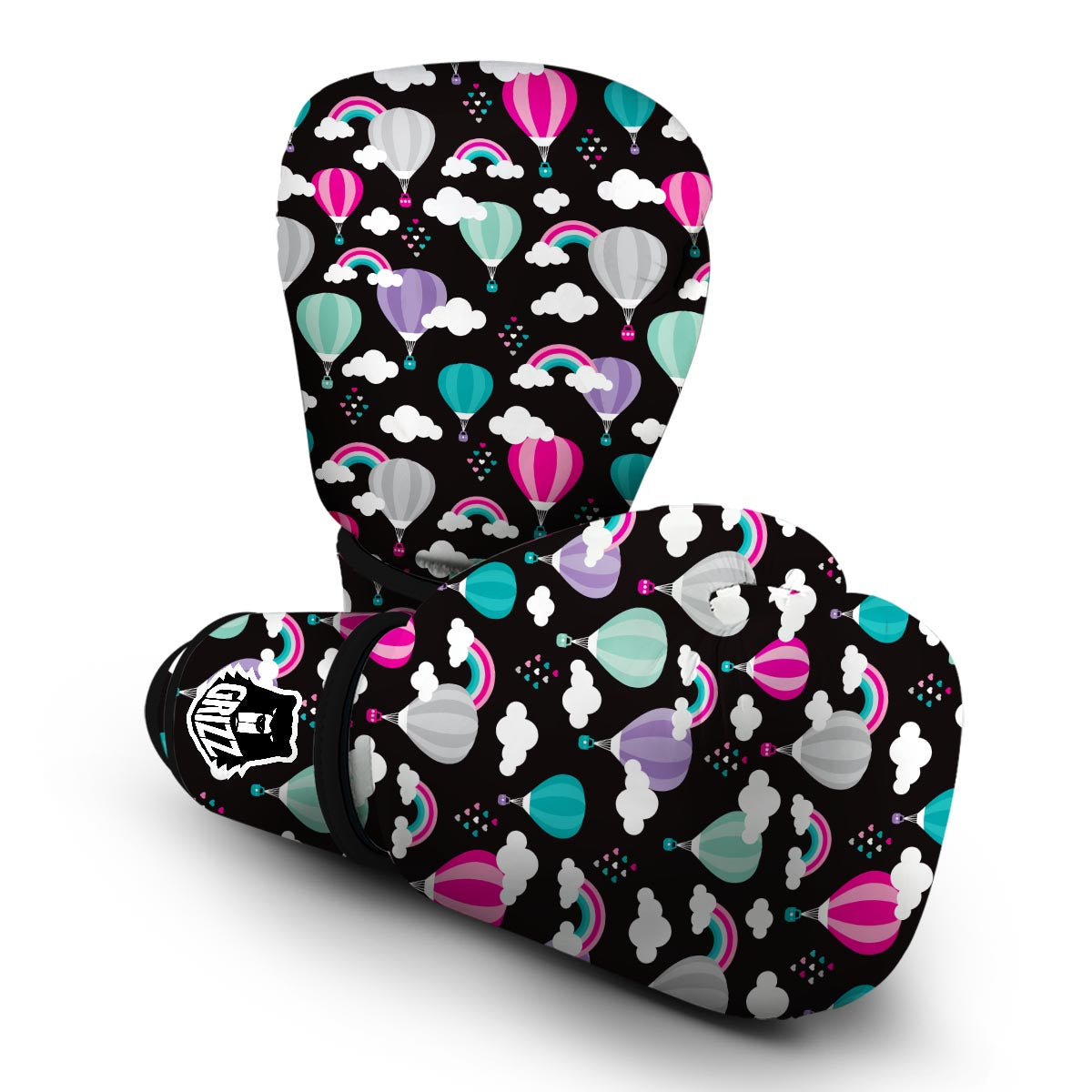 Black Hot Air Balloon Pattern Print Boxing Gloves-grizzshop