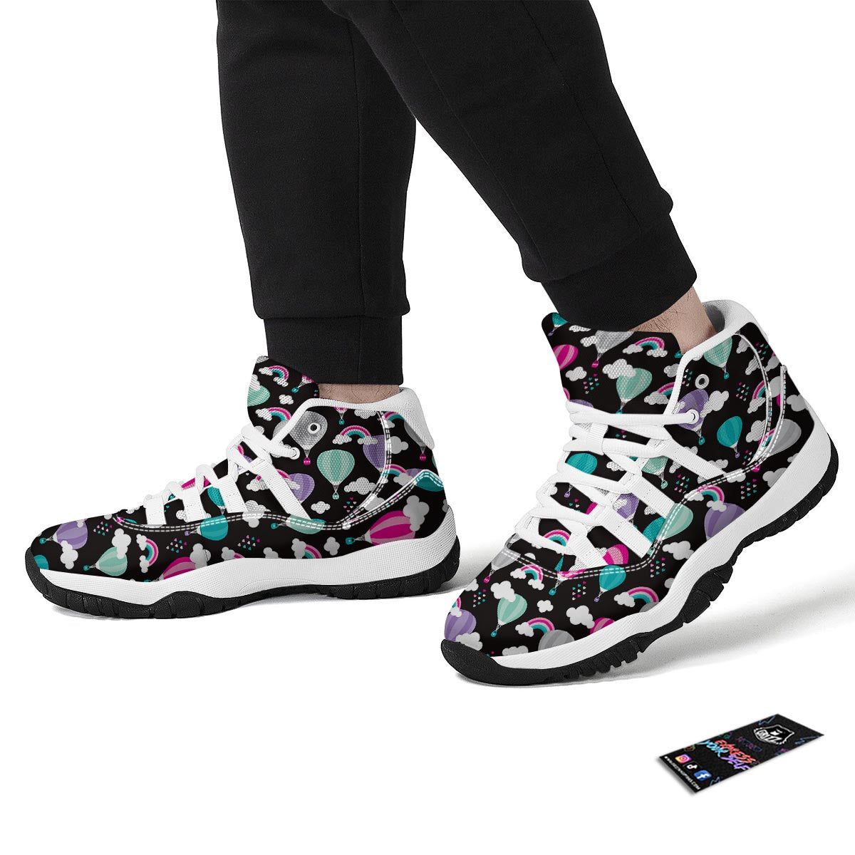 Black Hot Air Balloon Pattern Print White Bball Shoes-grizzshop