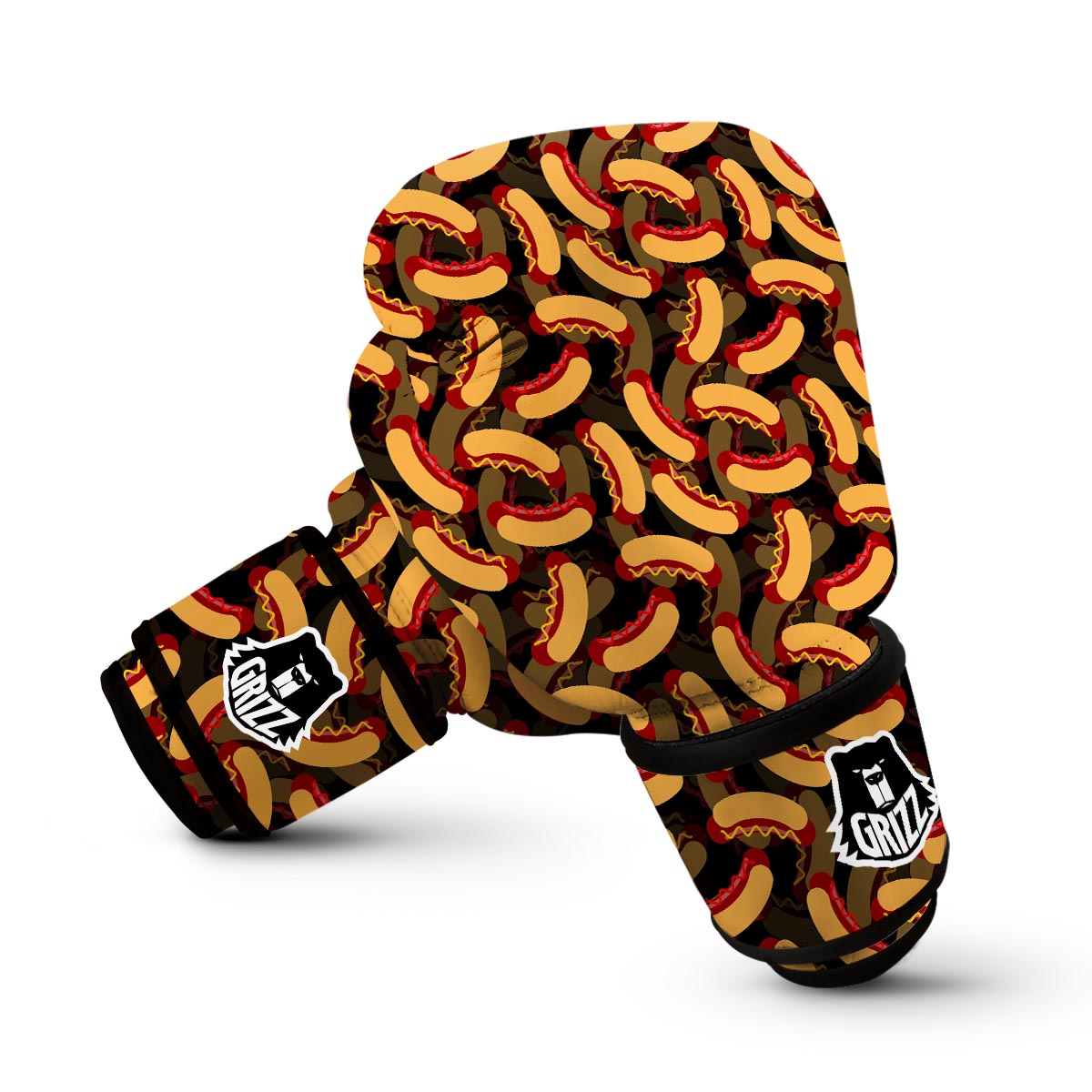 Black Hot Dog Pattern Print Boxing Gloves-grizzshop