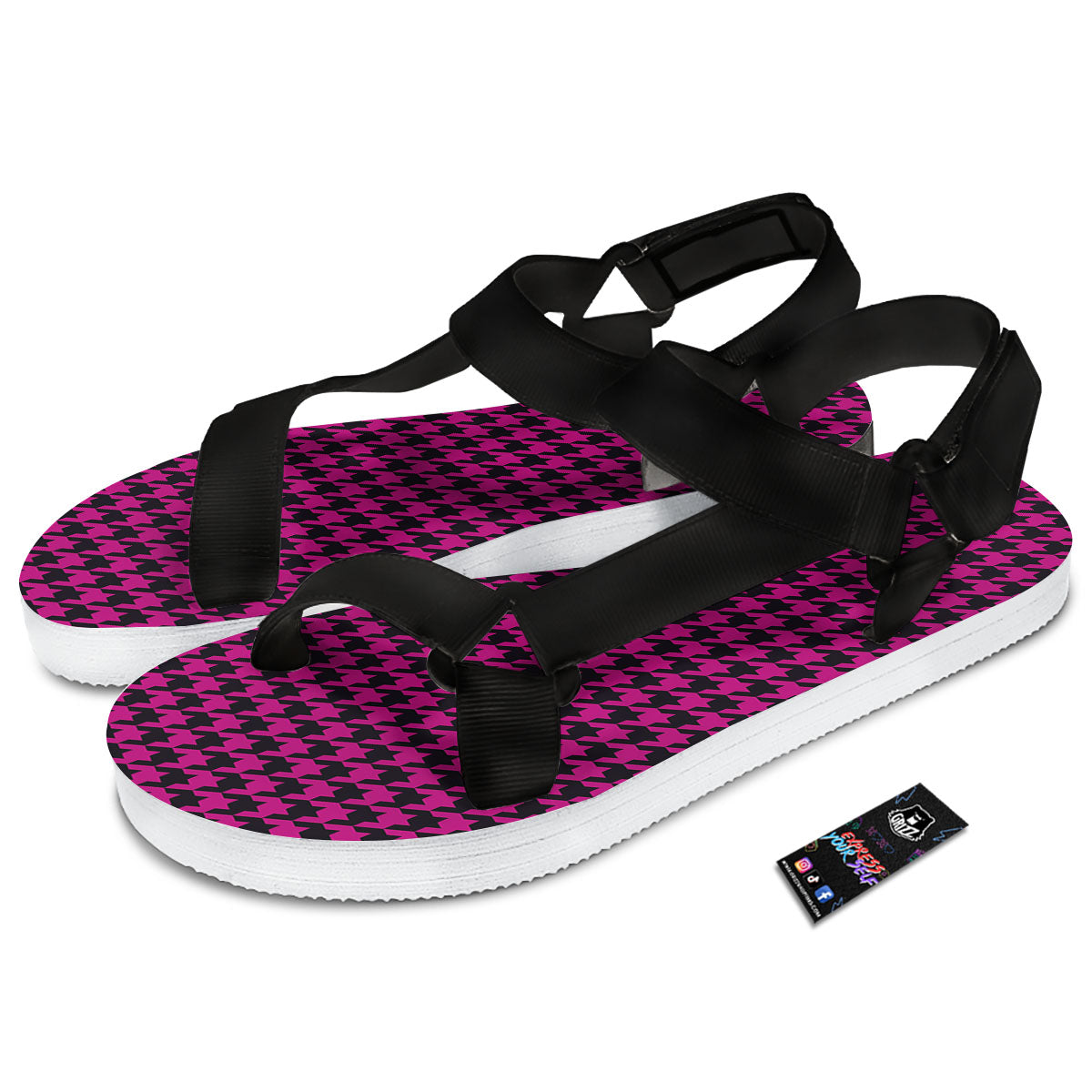 Black Houndstooth And Hot Pink Print Black Open Toe Sandals-grizzshop