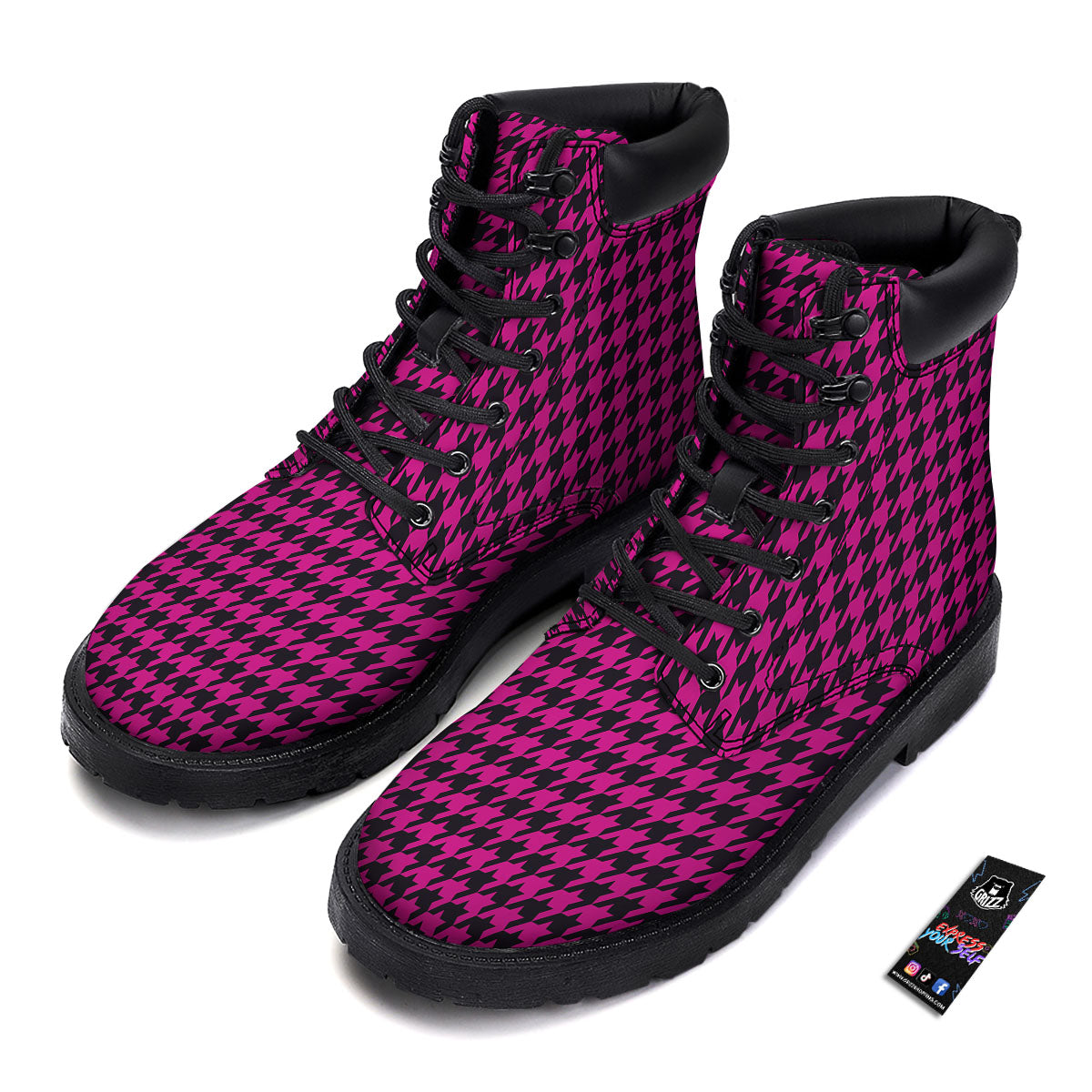 Black Houndstooth And Hot Pink Print Boots-grizzshop