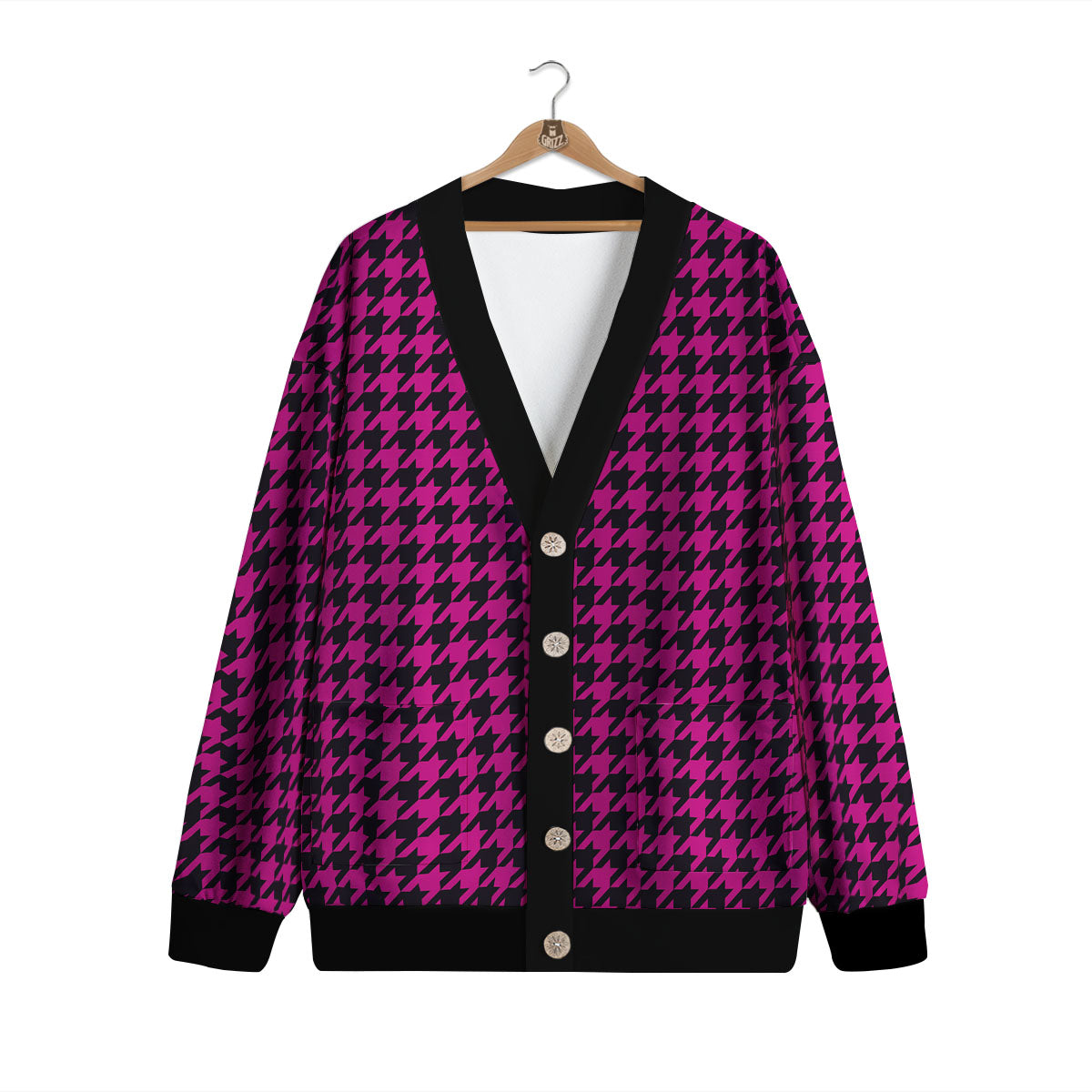 Black Houndstooth And Hot Pink Print Cardigan-grizzshop