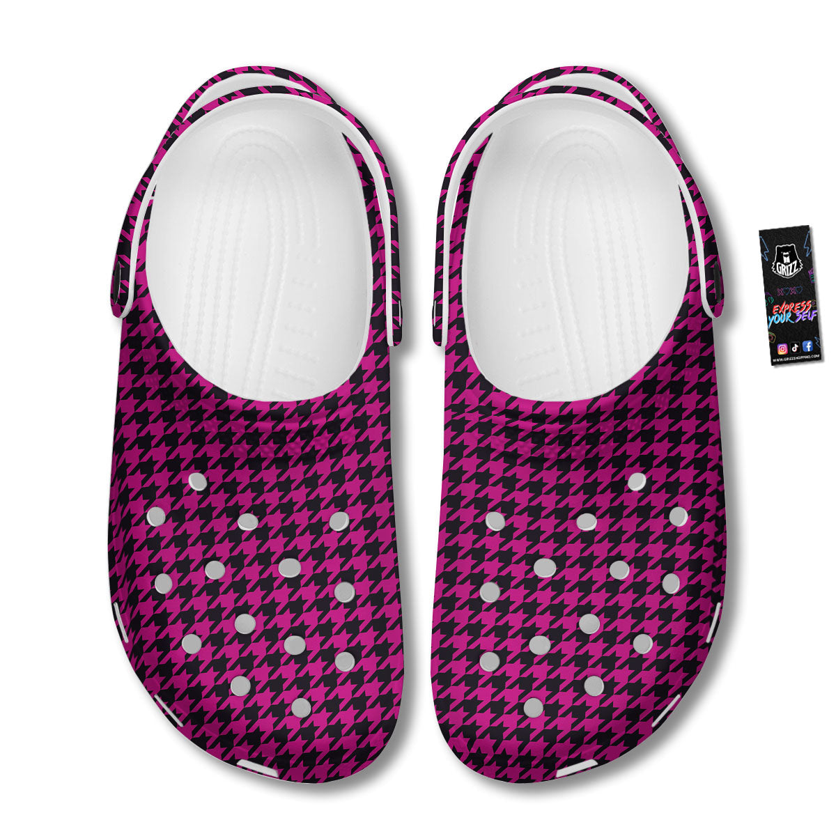 Black Houndstooth And Hot Pink Print Clog-grizzshop