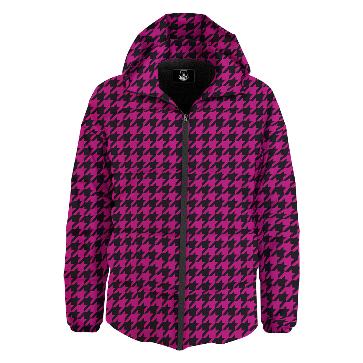 Black Houndstooth And Hot Pink Print Down Jacket-grizzshop
