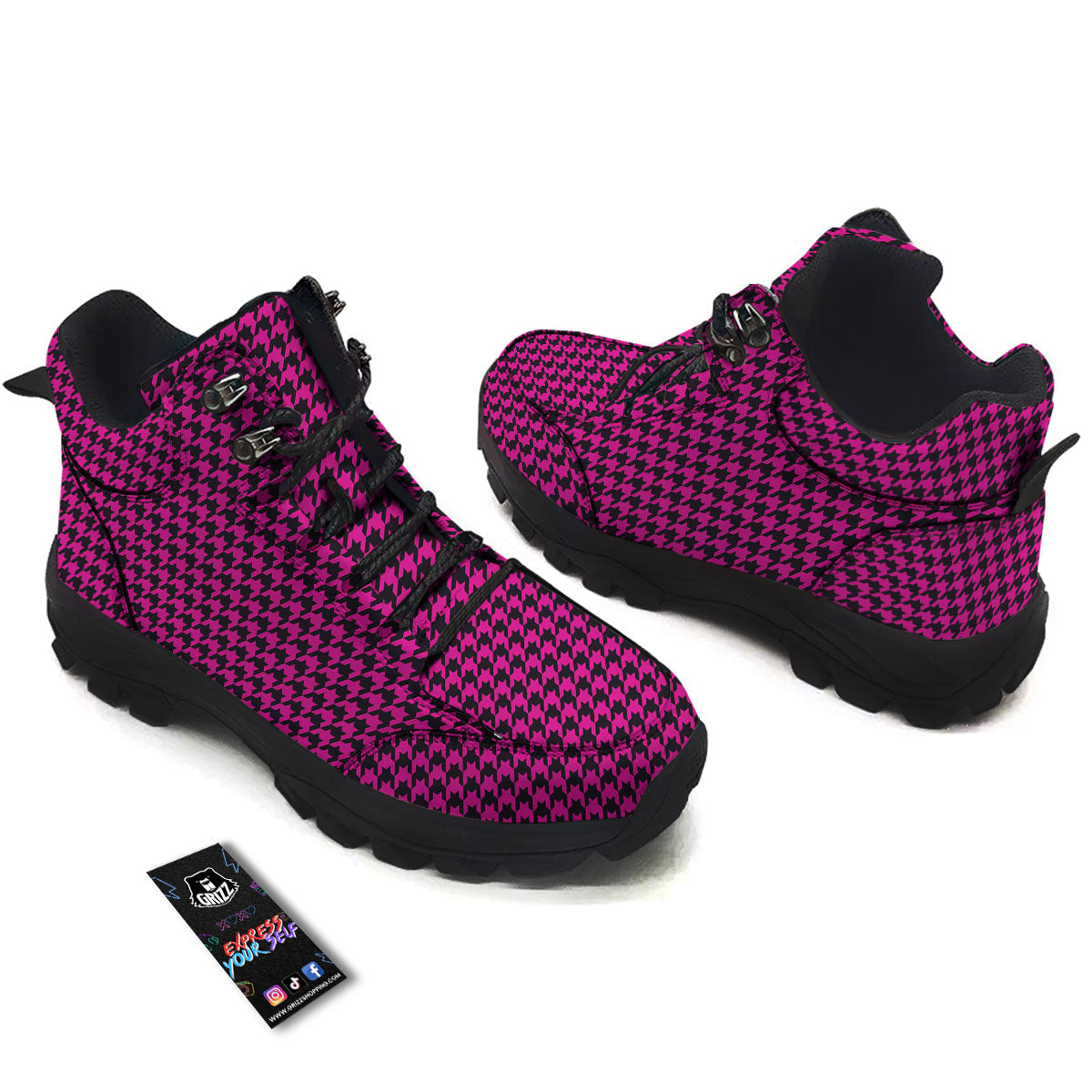 Black Houndstooth And Hot Pink Print Hiking Shoes-grizzshop