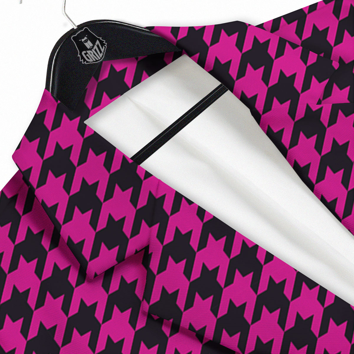 Black Houndstooth And Hot Pink Print Men's Sport Coat-grizzshop