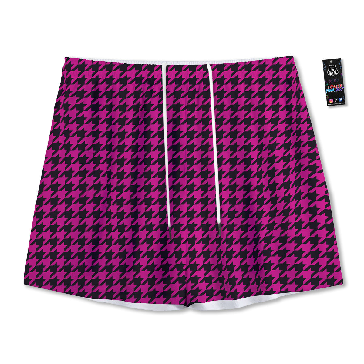 Black Houndstooth And Hot Pink Print Mesh Shorts