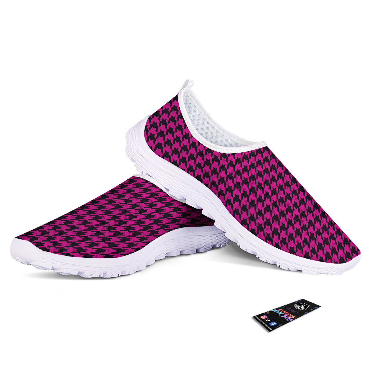 Black Houndstooth And Hot Pink Print Nurse Shoes-grizzshop