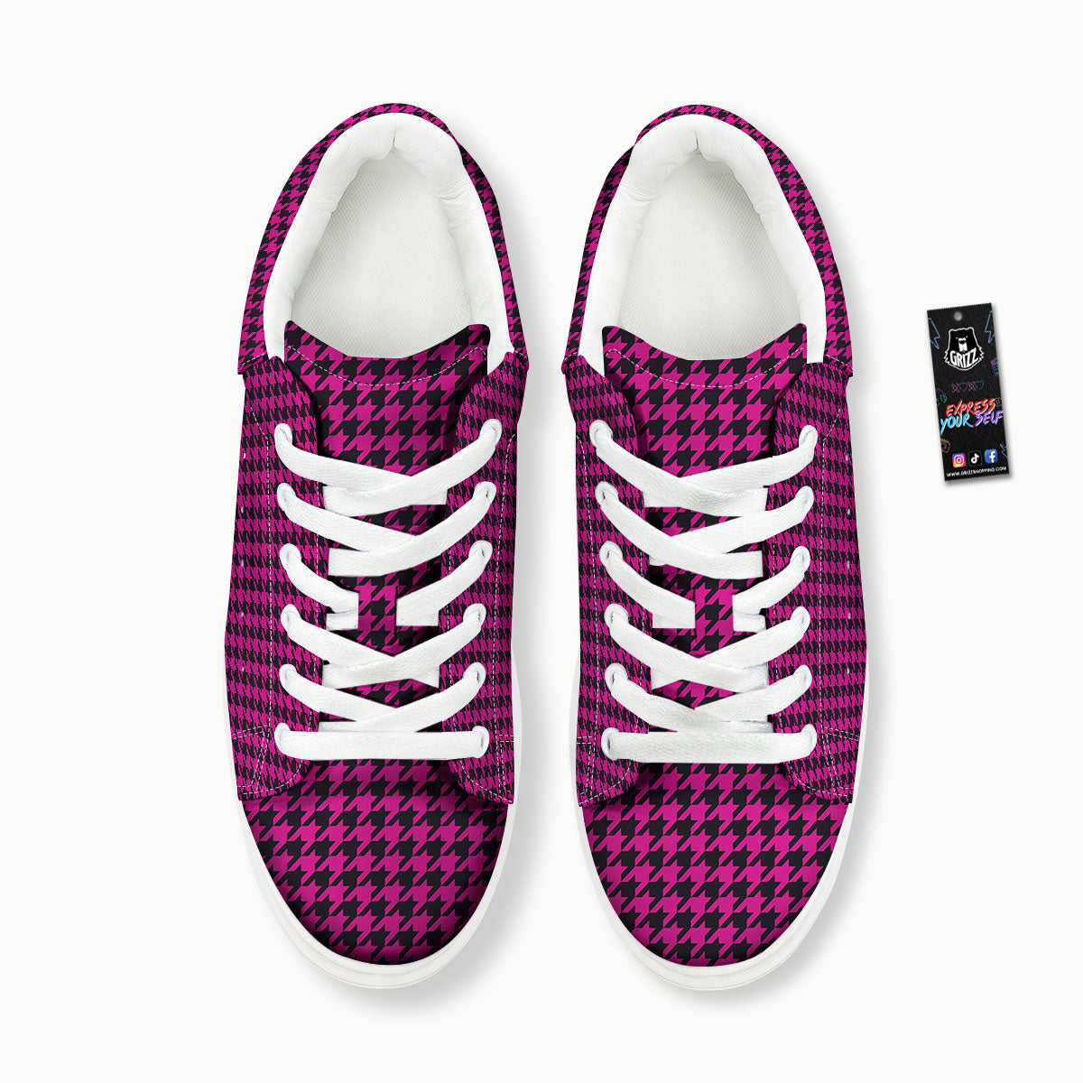 Black Houndstooth And Hot Pink Print Platform Shoes-grizzshop