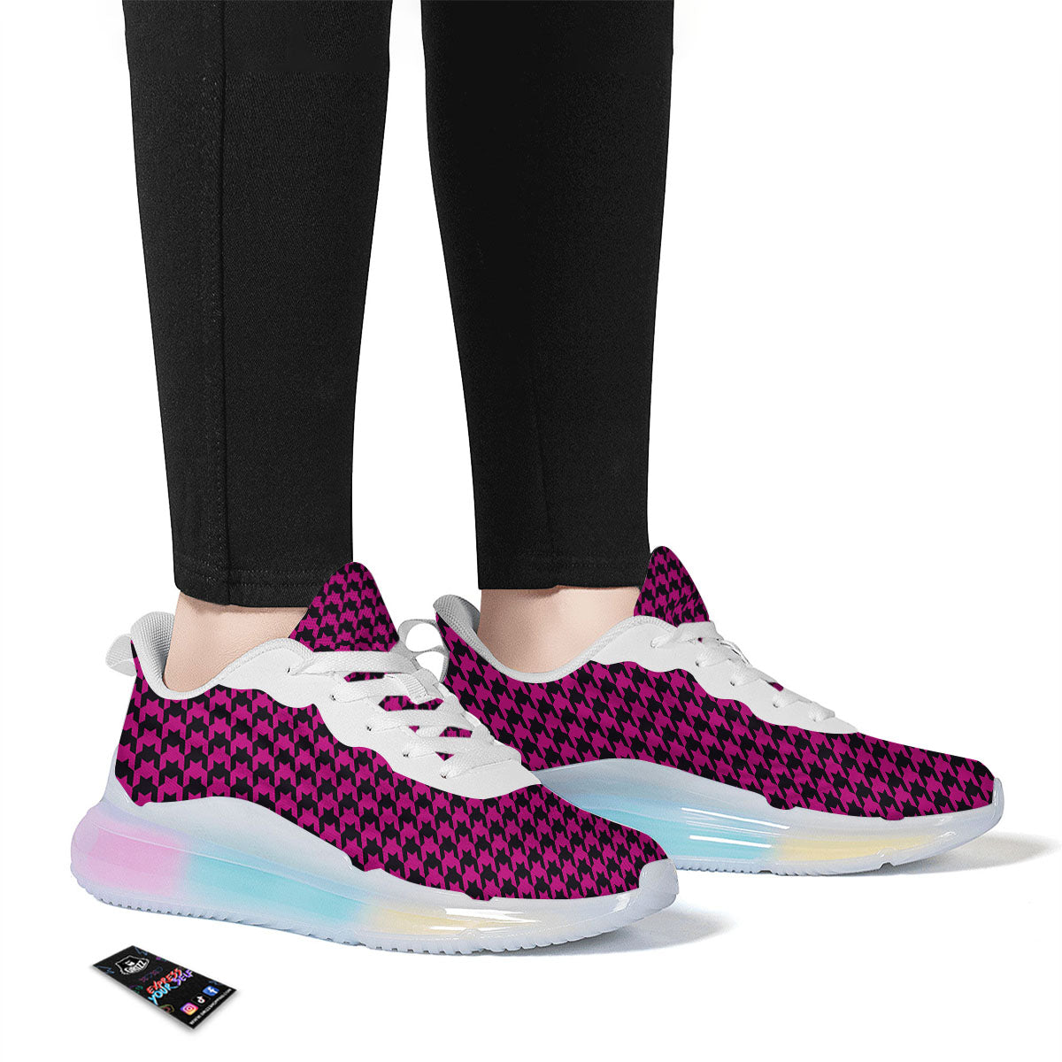 Black Houndstooth And Hot Pink Print Running Sneakers-grizzshop