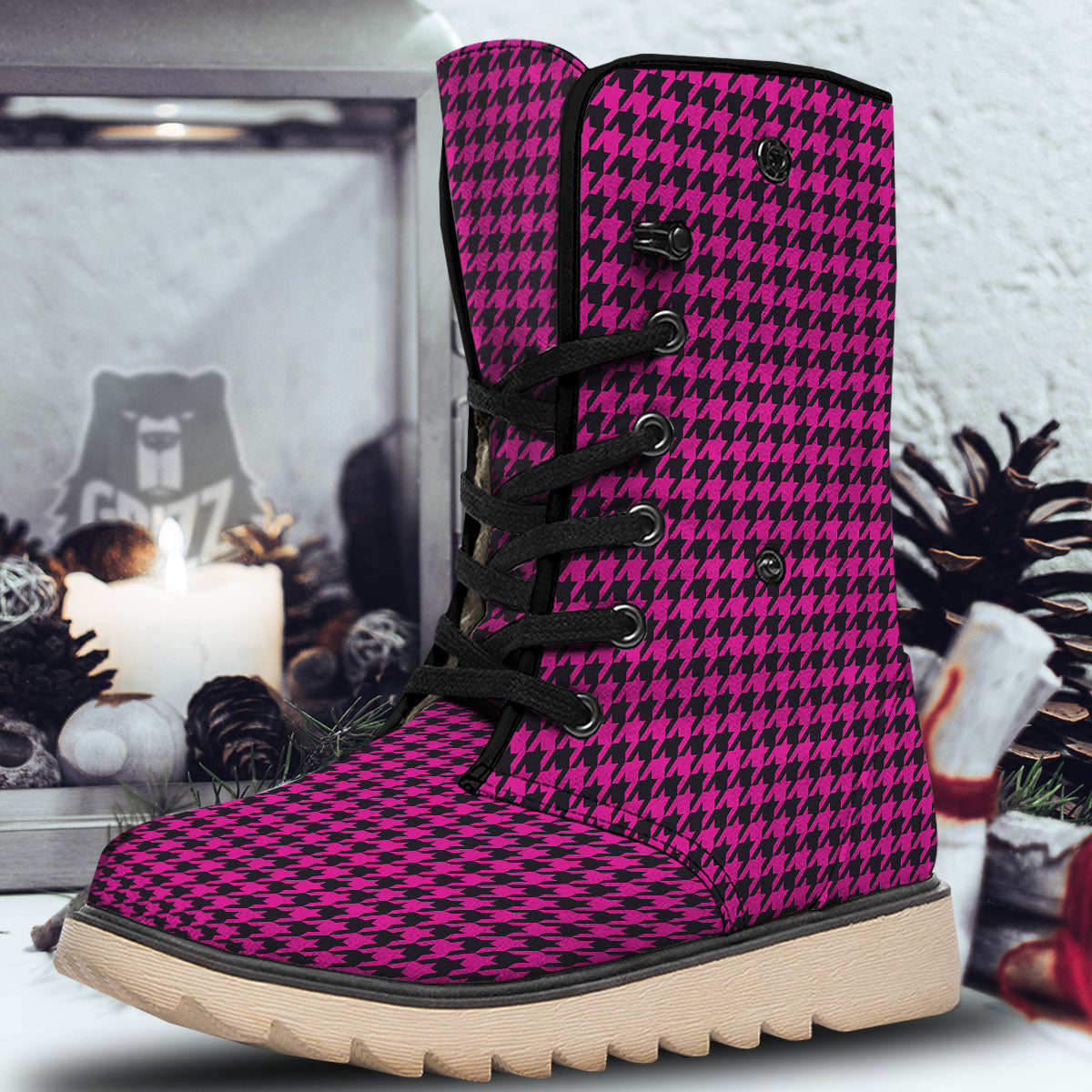 Black Houndstooth And Hot Pink Print Snow Boots-grizzshop