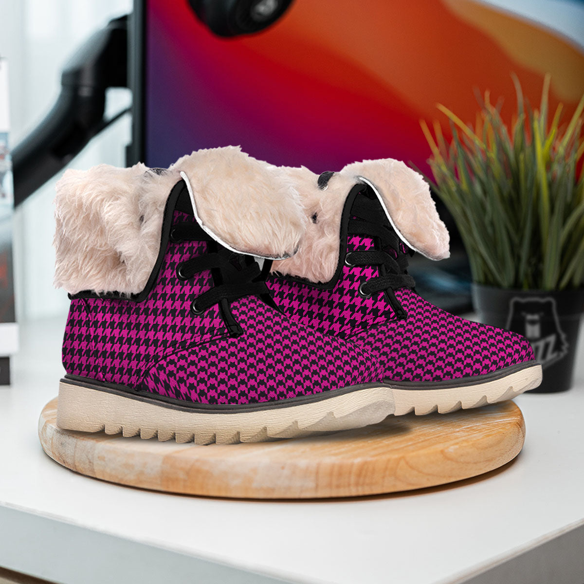 Black Houndstooth And Hot Pink Print Snow Boots-grizzshop