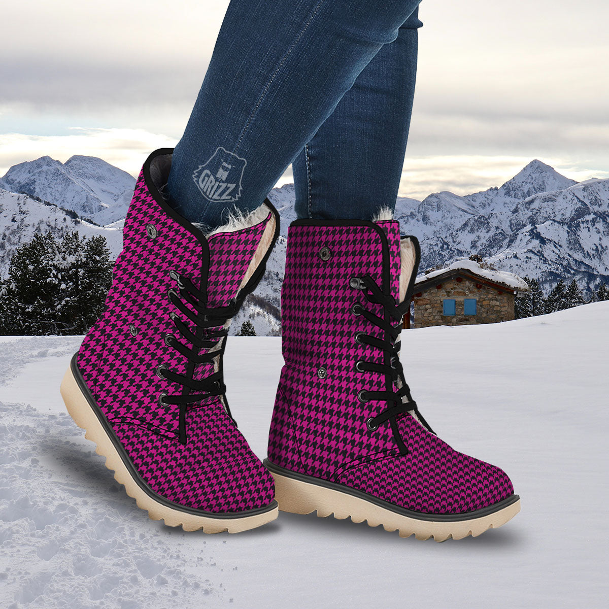 Black Houndstooth And Hot Pink Print Snow Boots-grizzshop