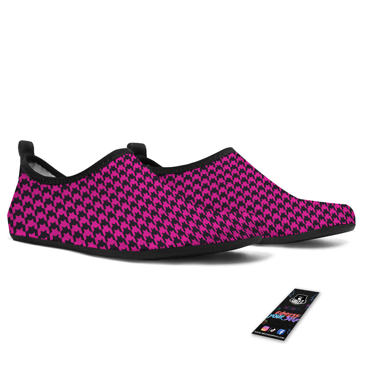 Black Houndstooth And Hot Pink Print Water Shoes-grizzshop