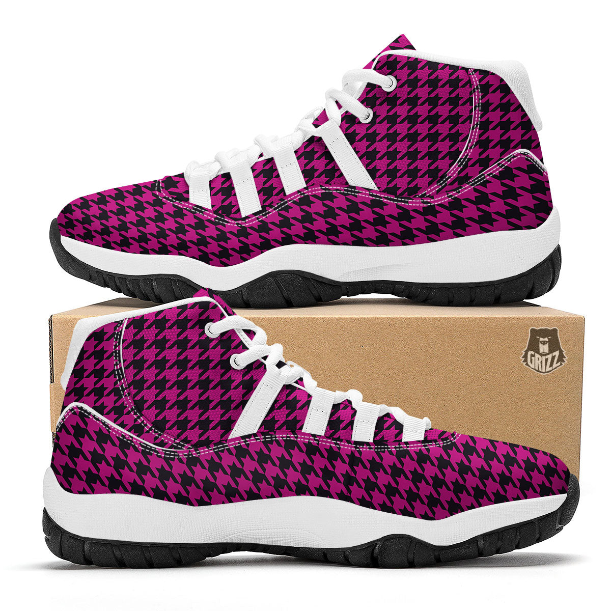 Black Houndstooth And Hot Pink Print White Bball Shoes-grizzshop