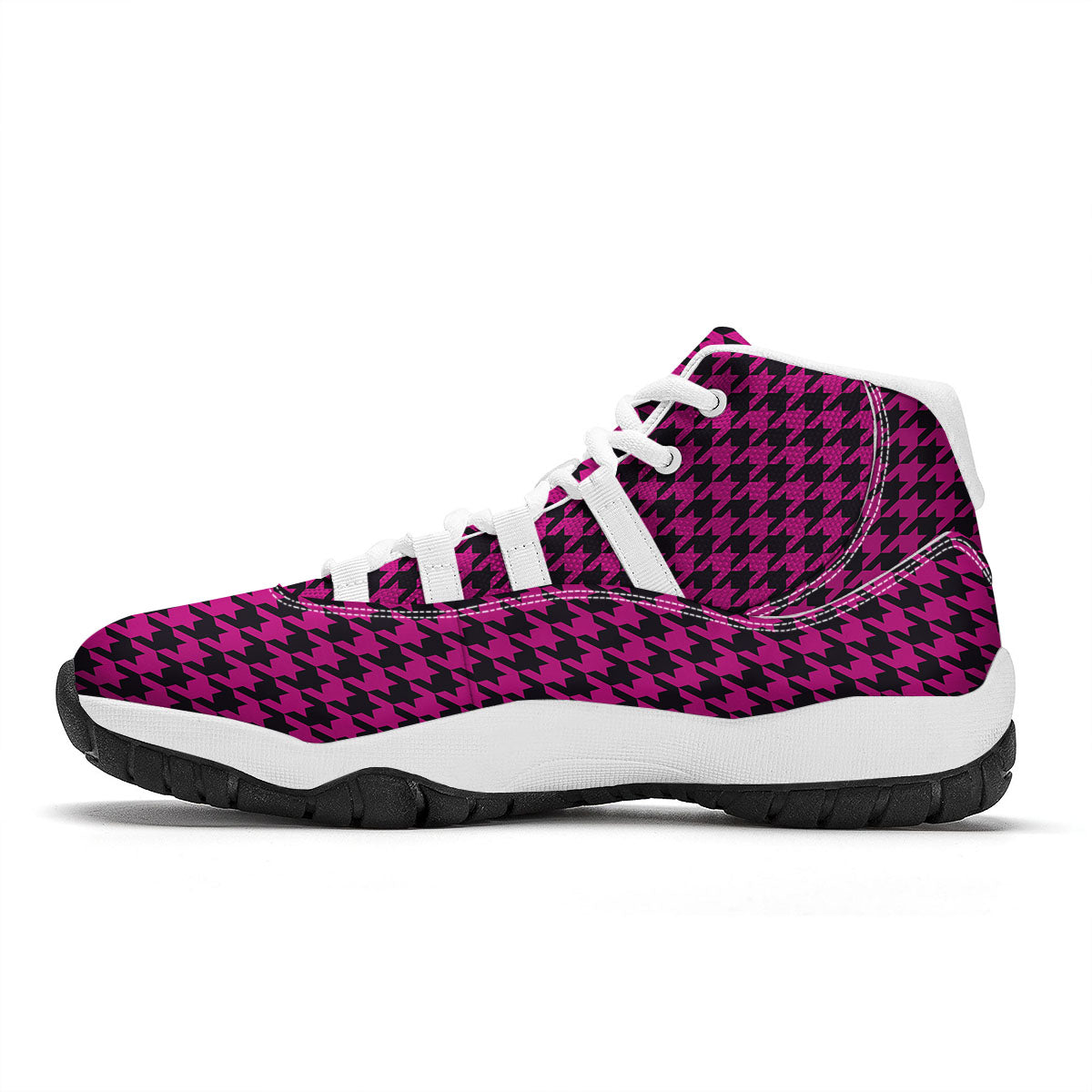 Black Houndstooth And Hot Pink Print White Bball Shoes-grizzshop