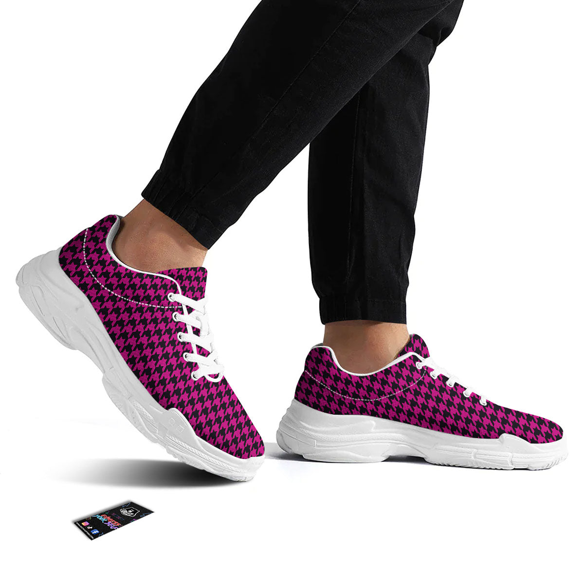 Black Houndstooth And Hot Pink Print White Chunky Shoes-grizzshop