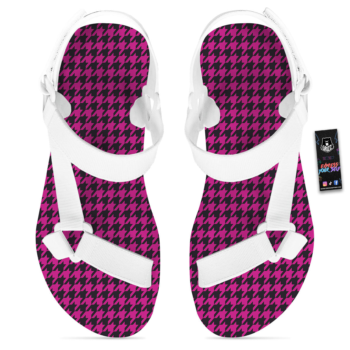 Black Houndstooth And Hot Pink Print White Open Toe Sandals-grizzshop