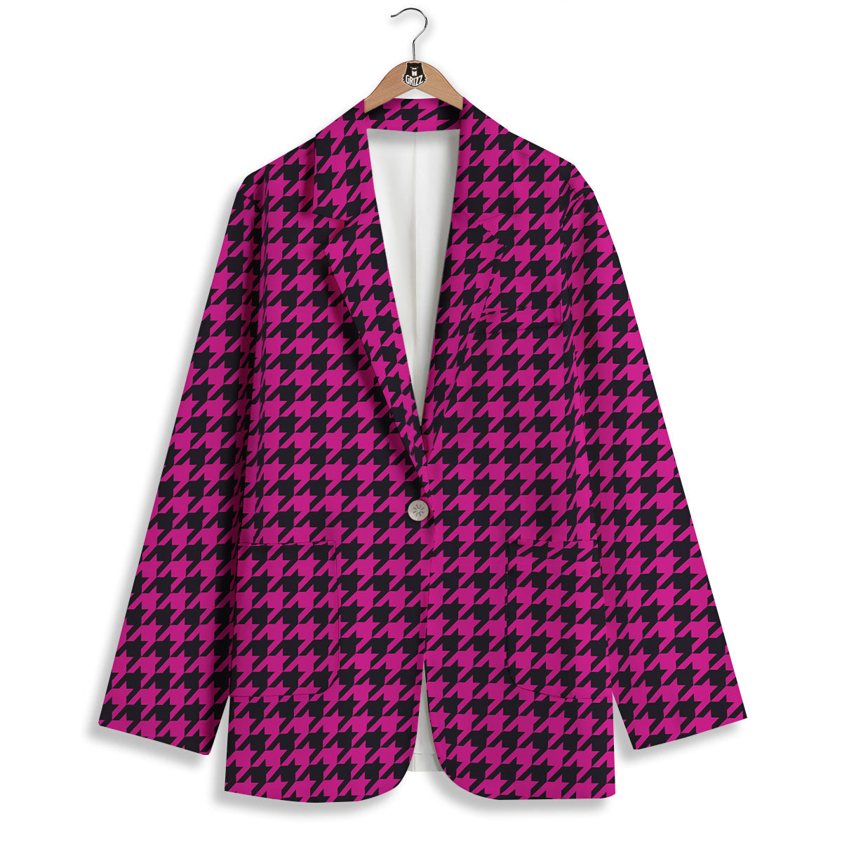 Black Houndstooth And Hot Pink Print Women's Blazer-grizzshop