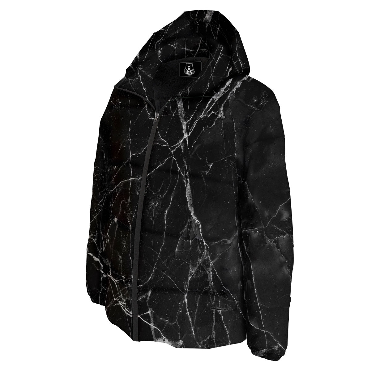 Black Marble White Grunge Print Down Jacket-grizzshop