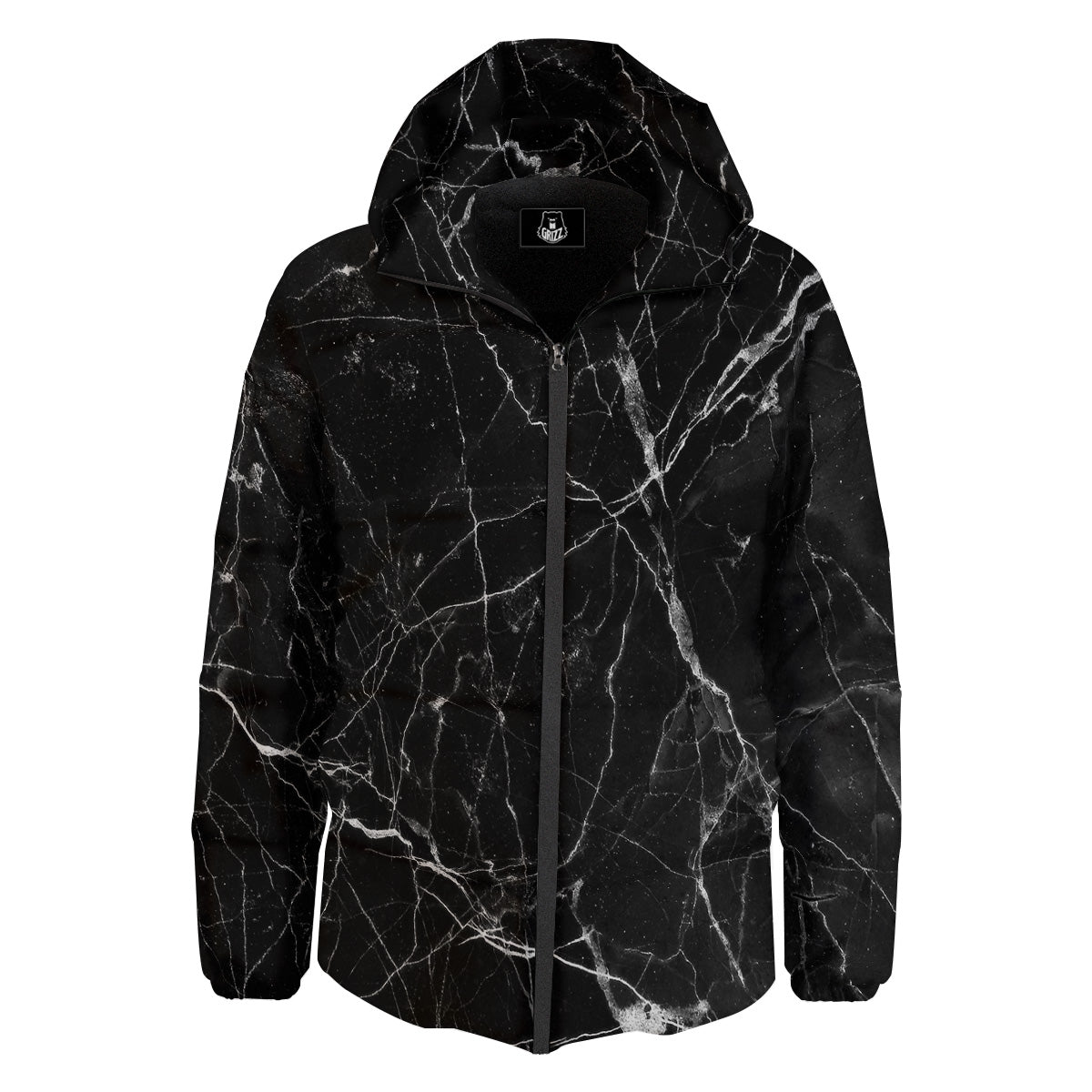 Black Marble White Grunge Print Down Jacket-grizzshop