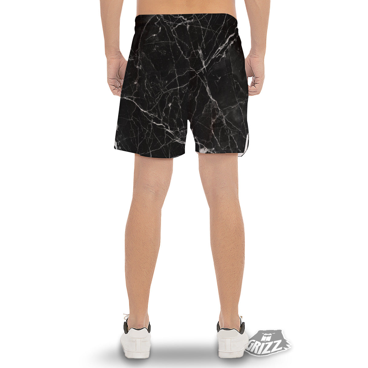 Black Marble White Grunge Print Men's Gym Shorts-grizzshop