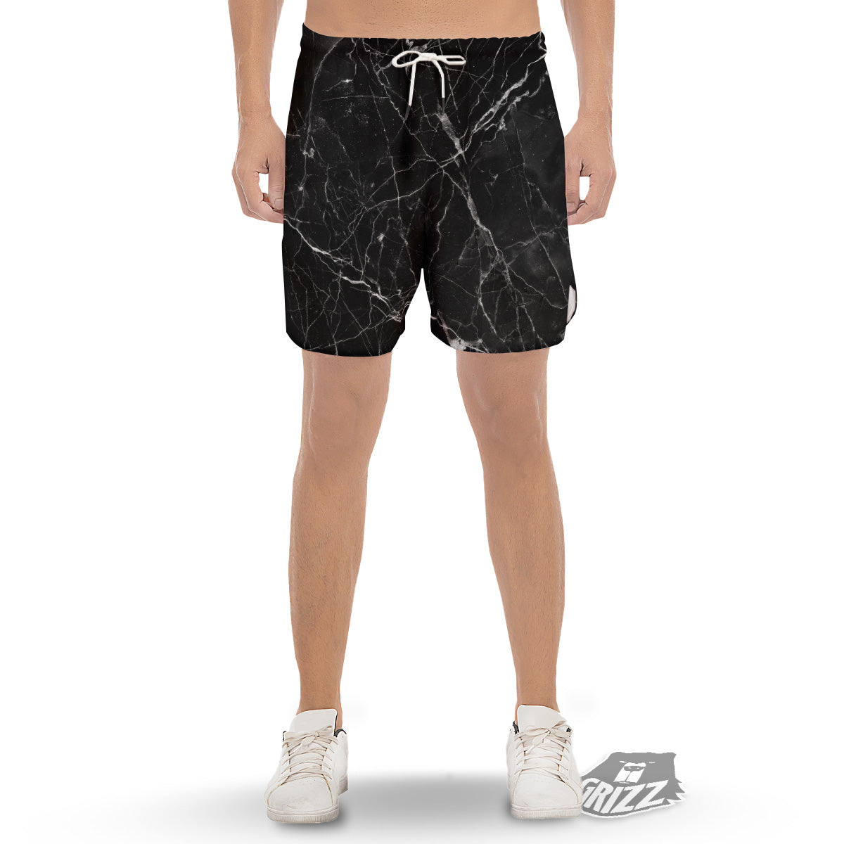 Black Marble White Grunge Print Men's Gym Shorts-grizzshop