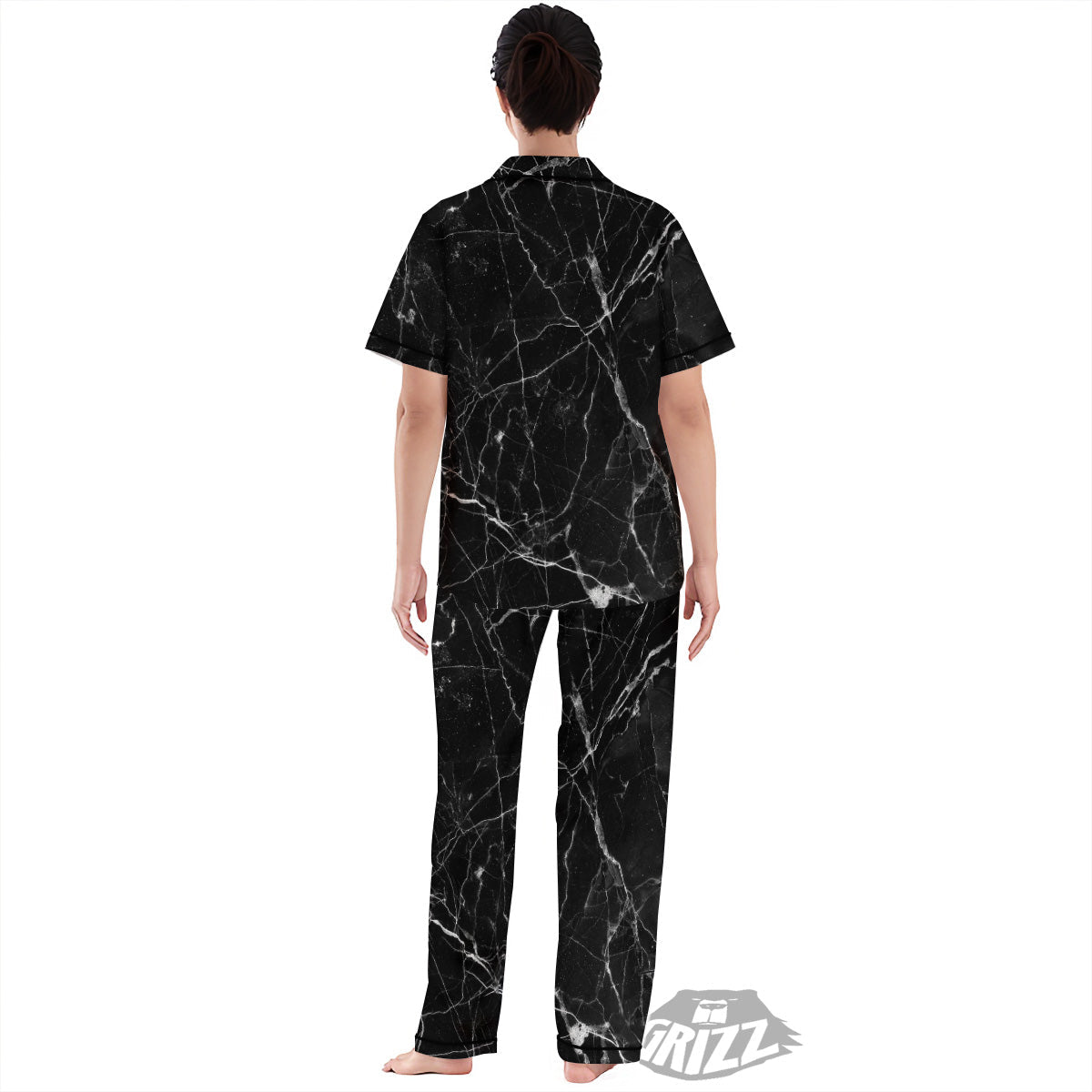 Black Marble White Grunge Print Women's Pajamas Set-grizzshop