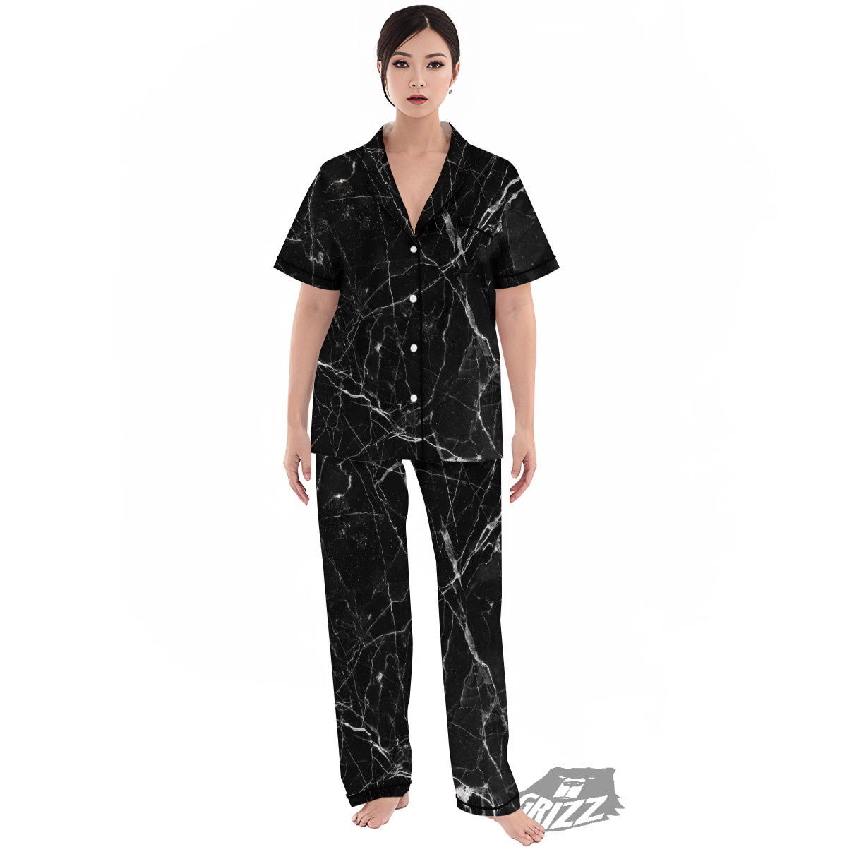 Black Marble White Grunge Print Women's Pajamas Set-grizzshop