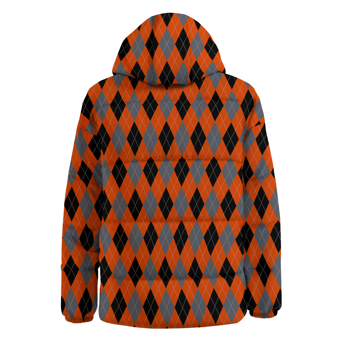 Black Orange And Grey Argyle Print Pattern Down Jacket-grizzshop