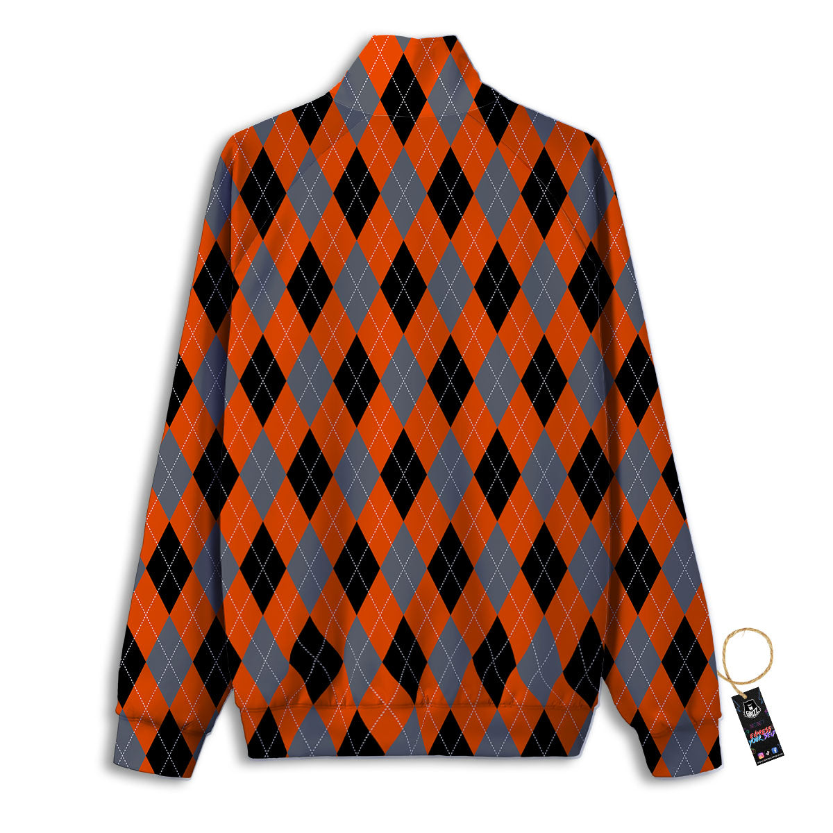 Black Orange And Grey Argyle Print Pattern Track Jacket-grizzshop