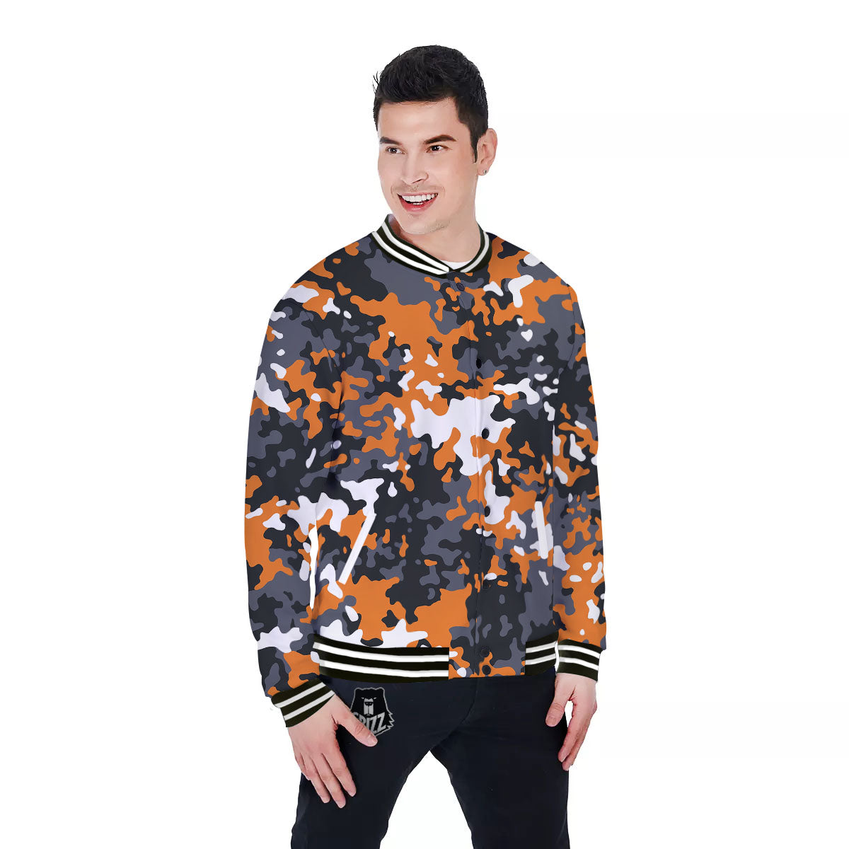 Black Orange And Grey Camouflage Print Baseball Jacket-grizzshop