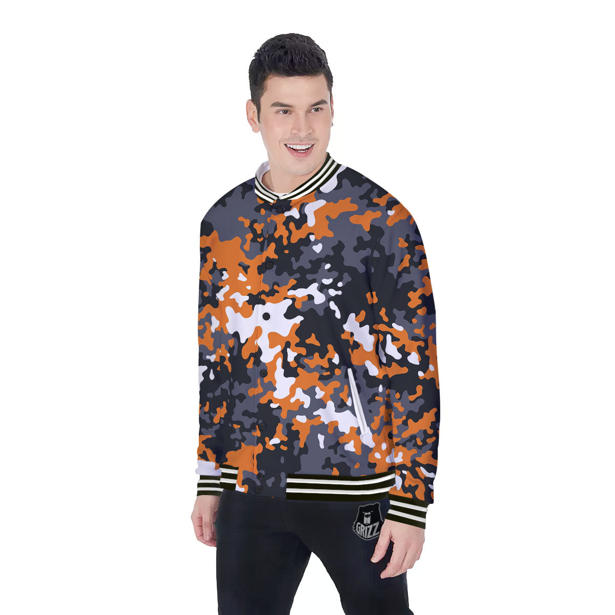 Black Orange And Grey Camouflage Print Baseball Jacket-grizzshop