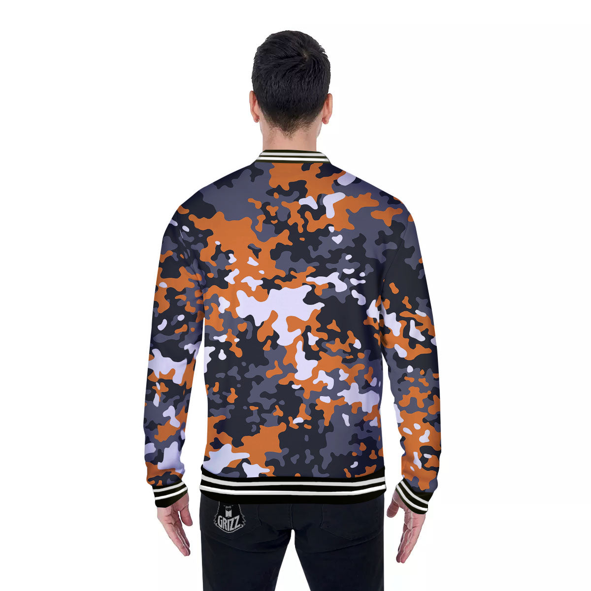 Black Orange And Grey Camouflage Print Baseball Jacket-grizzshop