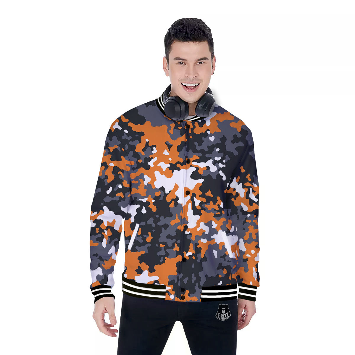 Black Orange And Grey Camouflage Print Baseball Jacket-grizzshop