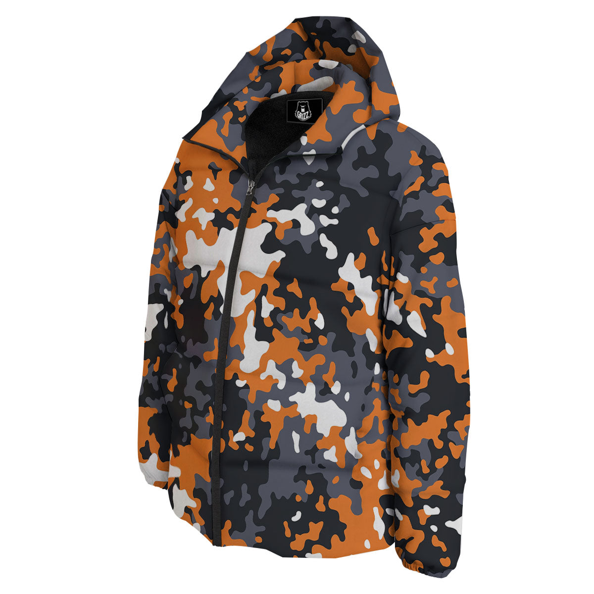 Black Orange And Grey Camouflage Print Down Jacket-grizzshop