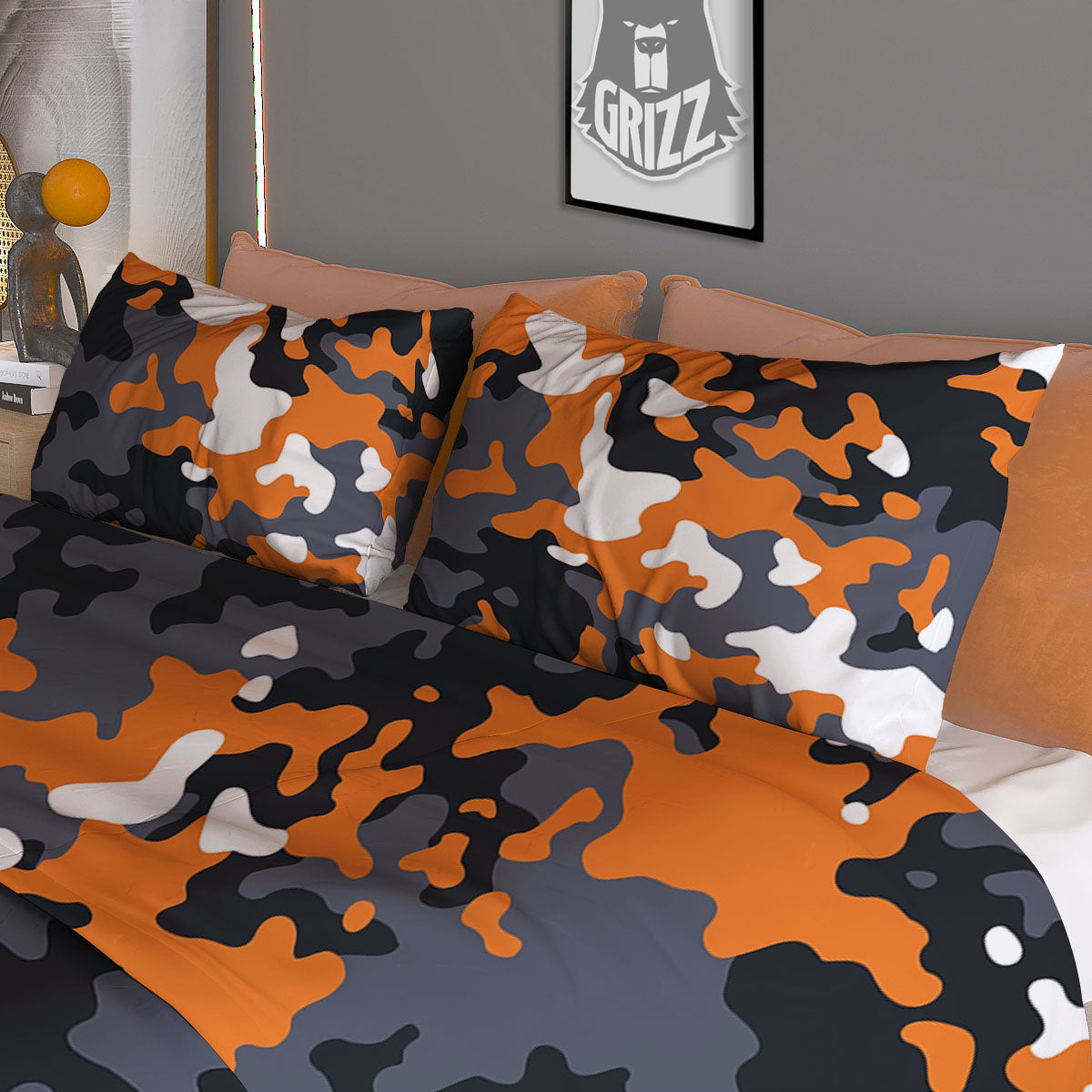 Black Orange And Grey Camouflage Print Duvet Cover Bedding Set