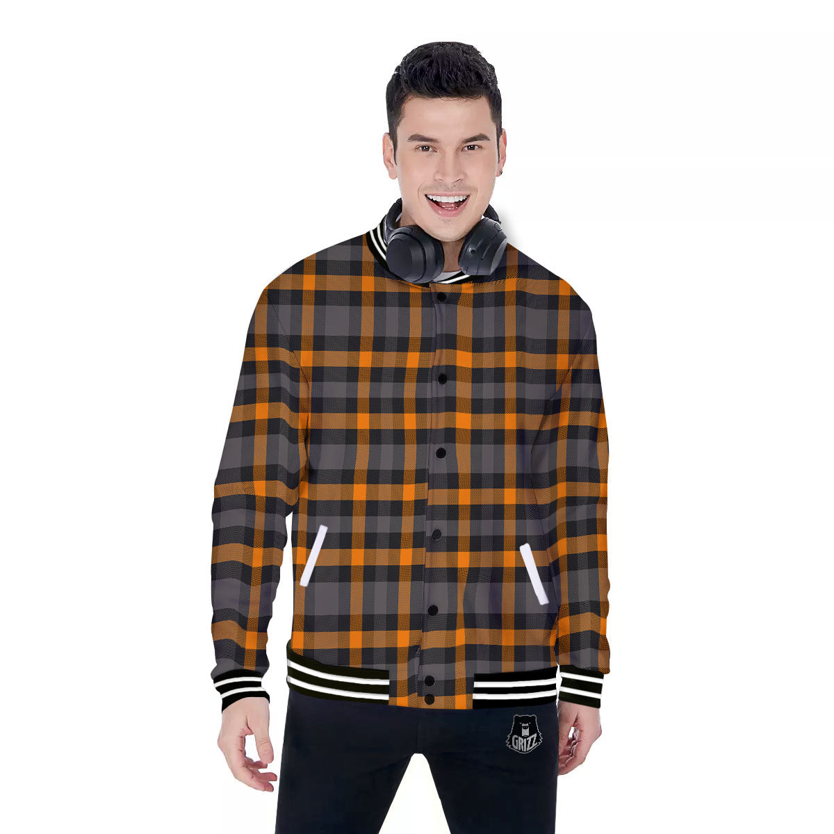 Black Orange And Grey Plaid Print Pattern Baseball Jacket-grizzshop