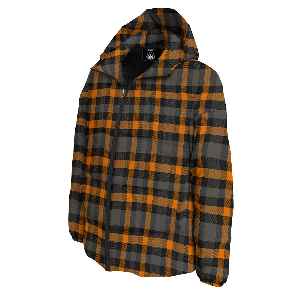 Black Orange And Grey Plaid Print Pattern Down Jacket-grizzshop