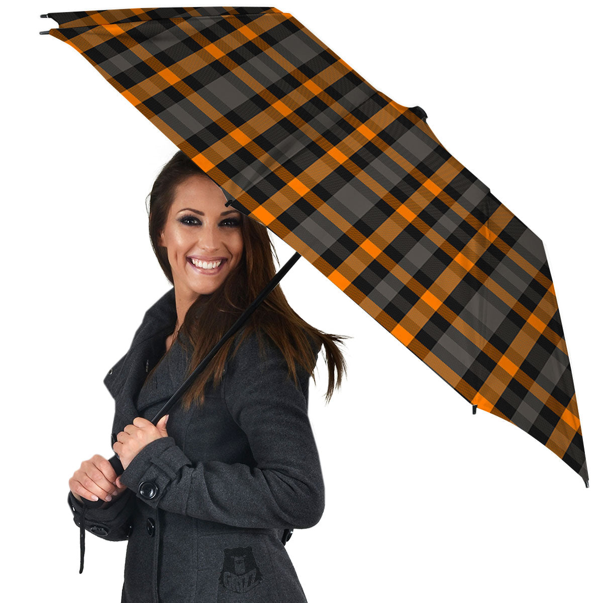 Black Orange And Grey Plaid Print Pattern Umbrella-grizzshop